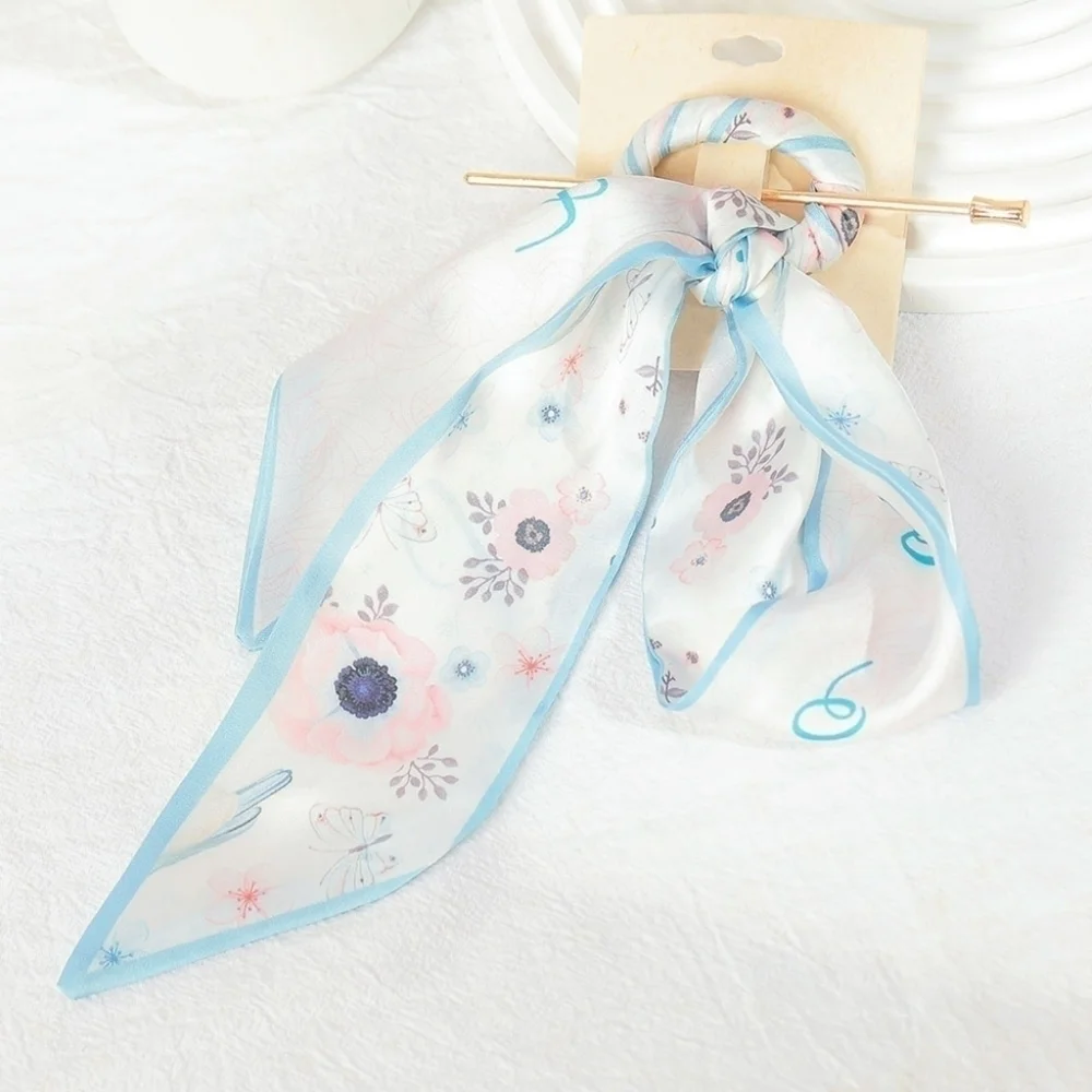 NEW Silky Floral Scarf Hair Barrette Pastel Blue Trim Boutique Hair Pin
